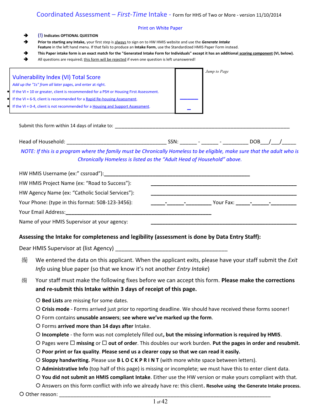 Coordinated Assessment First-Time Intake - Form for HHS of Two Or More - Version 11/10/2014