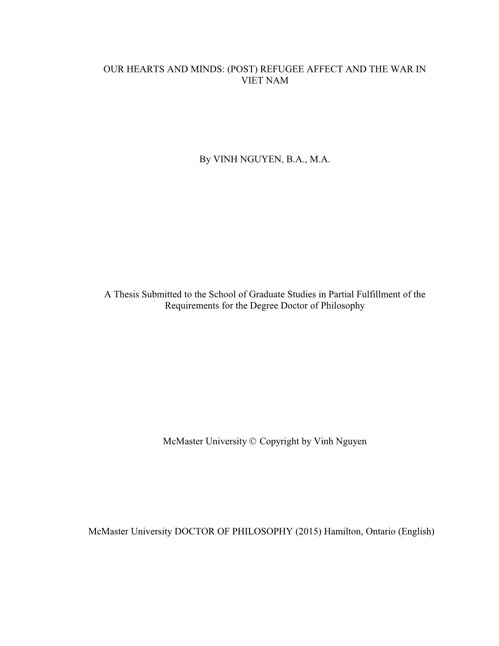 Phd Thesis V. Nguyen; Mcmaster University English & Cultural Studies