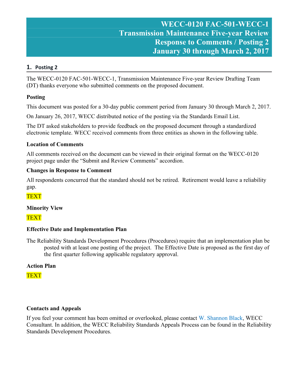 WECC-0120 Posting 2 FAC-501-WECC-1 Response to Comments - Draft 3-14-2017