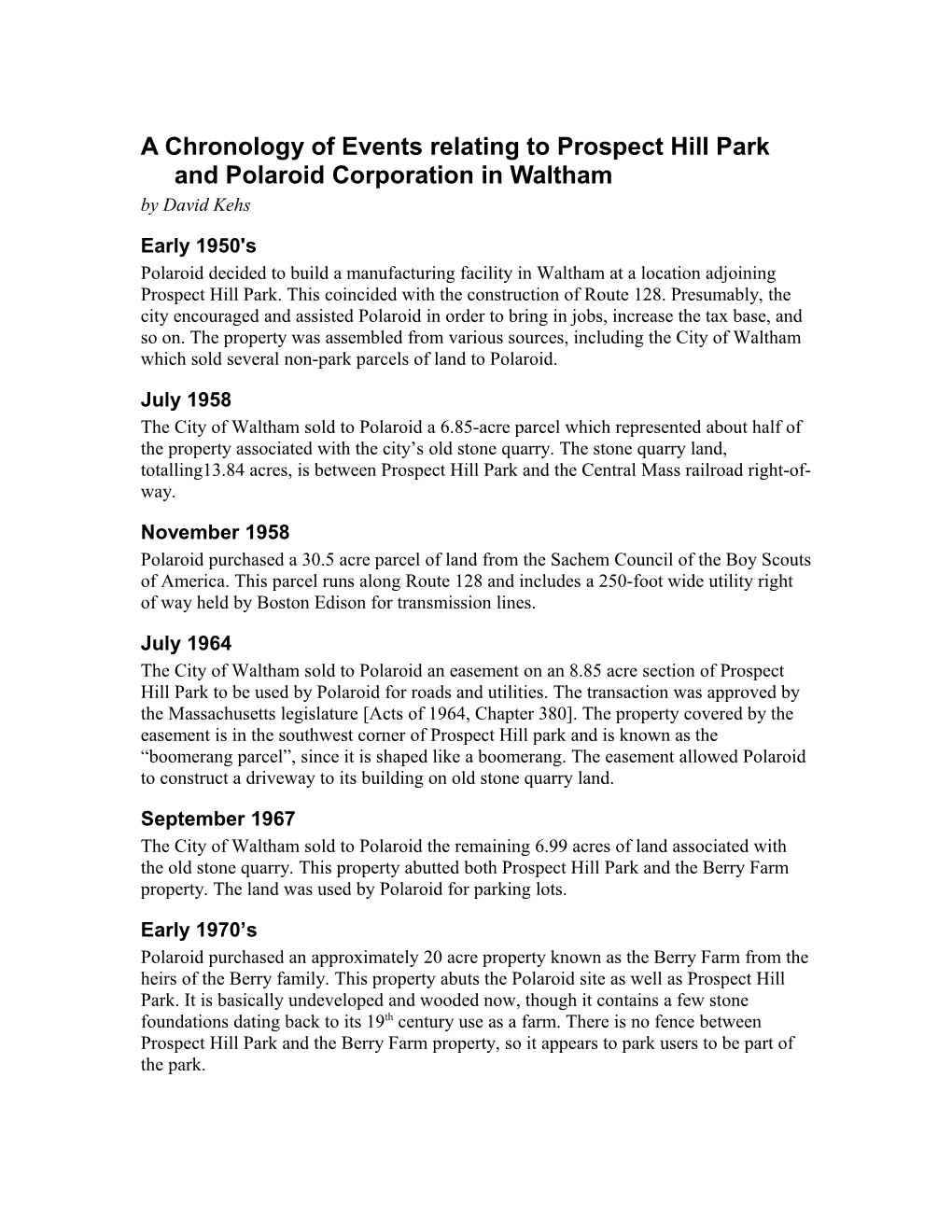 A Chronology of Events Relating to Prospect Hill Park and Polaroid Corporation in Waltham
