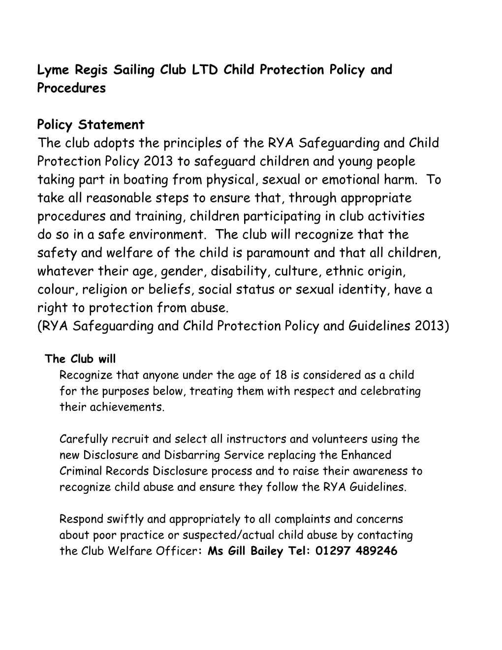 Lyme Regis Sailing Club LTD Child Protection Policy and Procedures