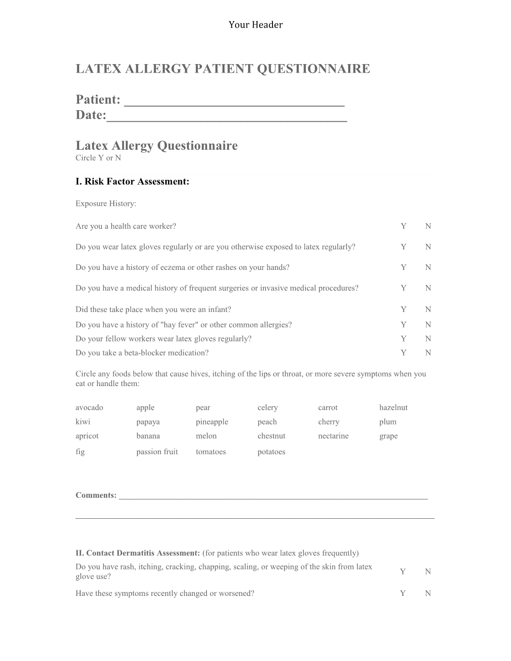 Latex Allergy Patient Questionnaire