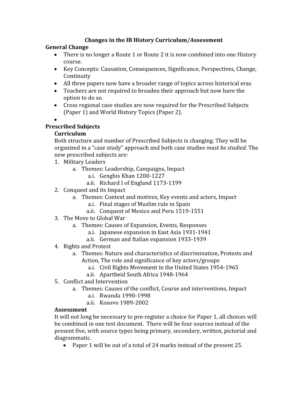 Changes in the IB History Curriculum/Assessment