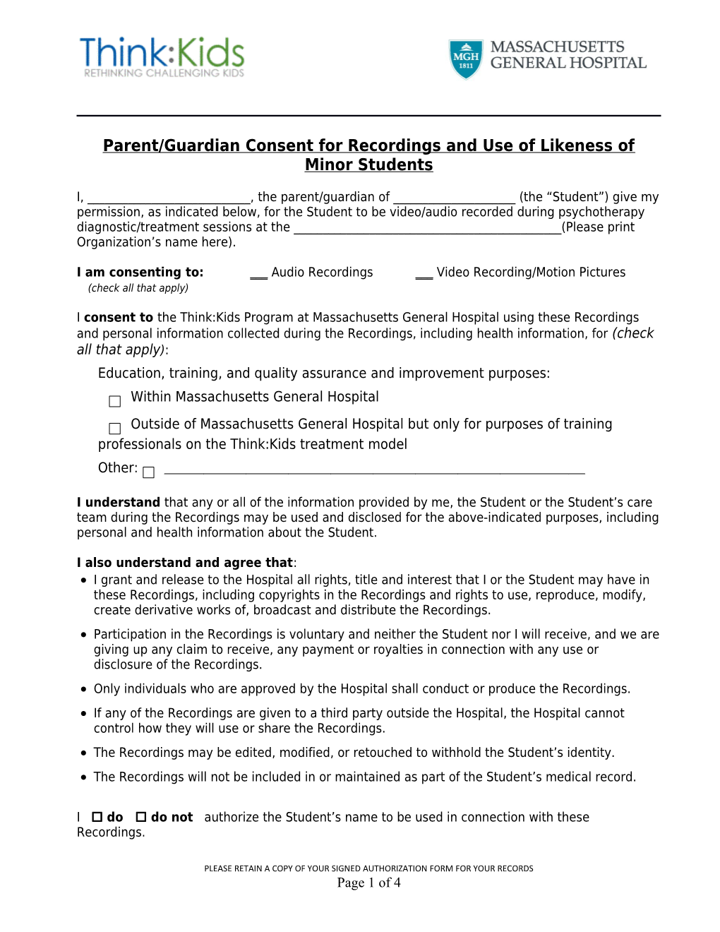 Parent/Guardian Consent for Recordings and Use of Likeness of Minor Students