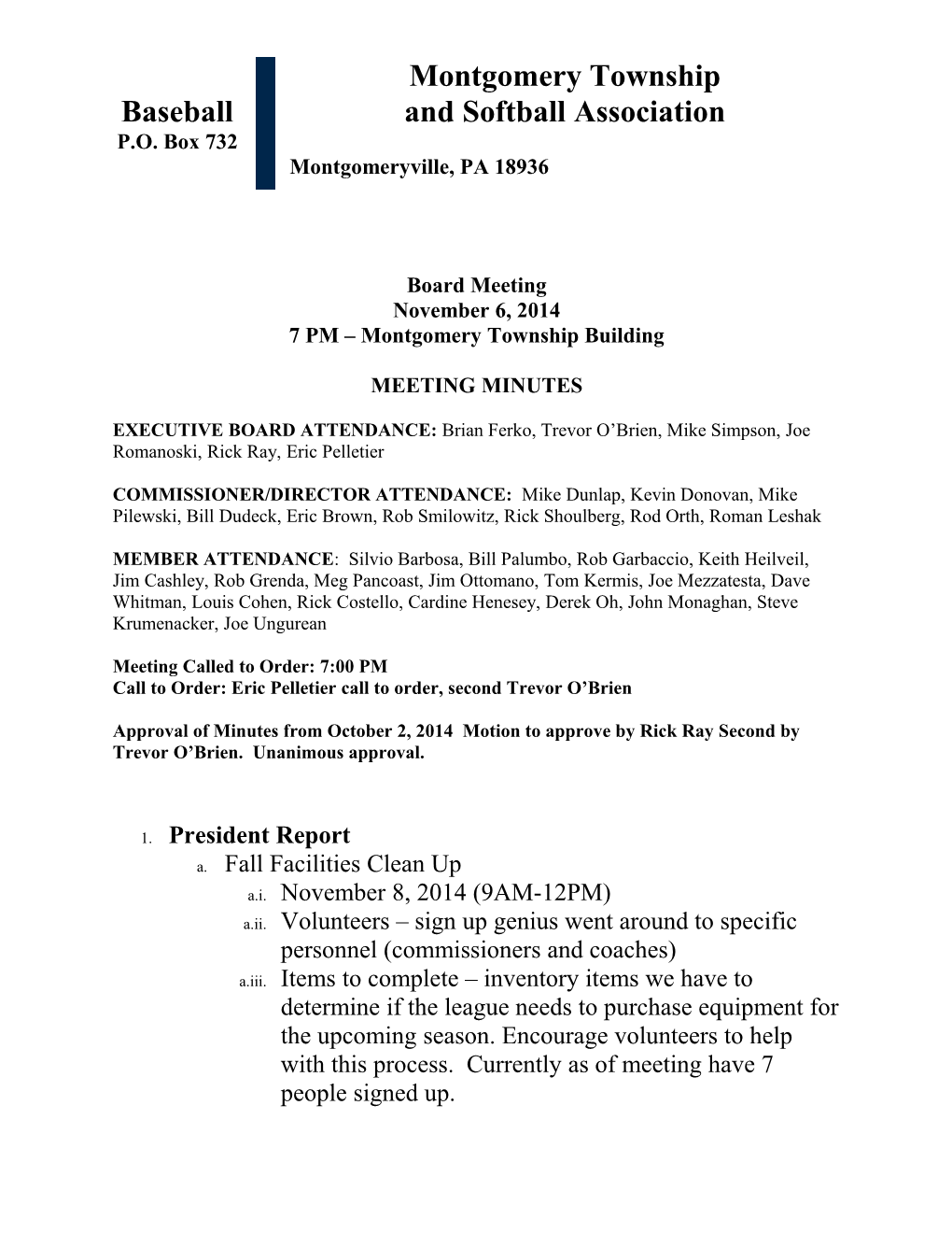 Monthly Board Meeting Minutes 11/6/2014
