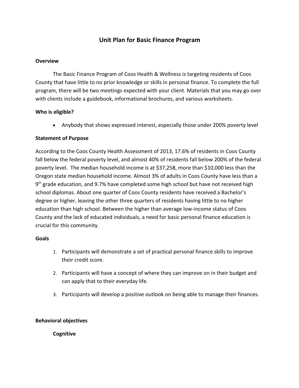 Unit Plan for Basic Finance Program