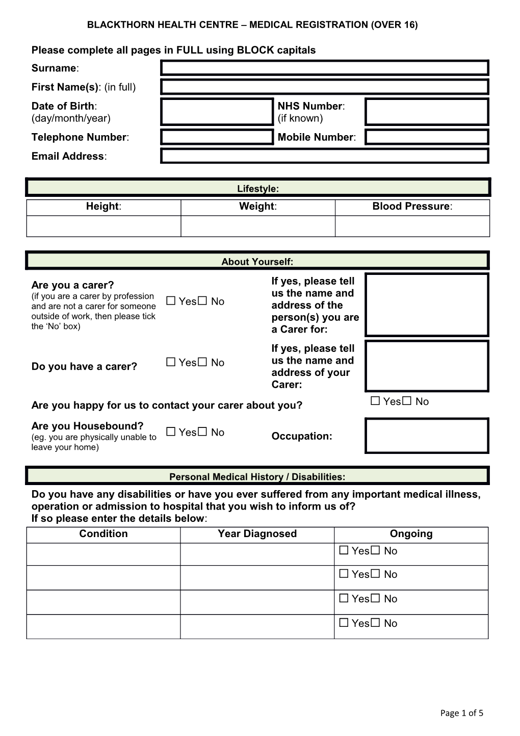 Blackthorn Health Centre Medical Registration (Over 16)