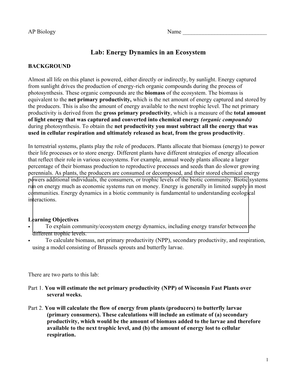 Lab: Energy Dynamics in an Ecosystem