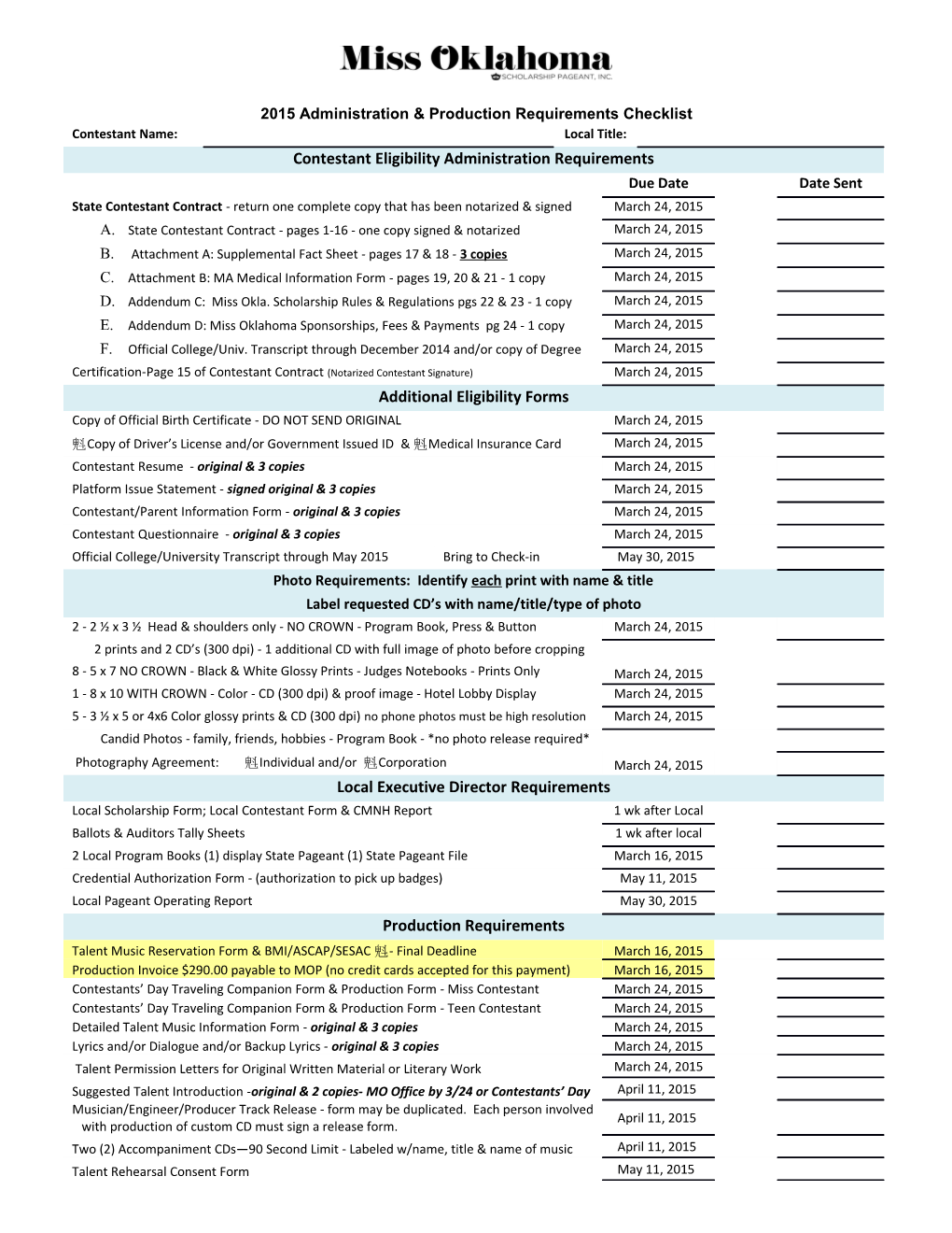 2015Administration & Production Requirements Checklist