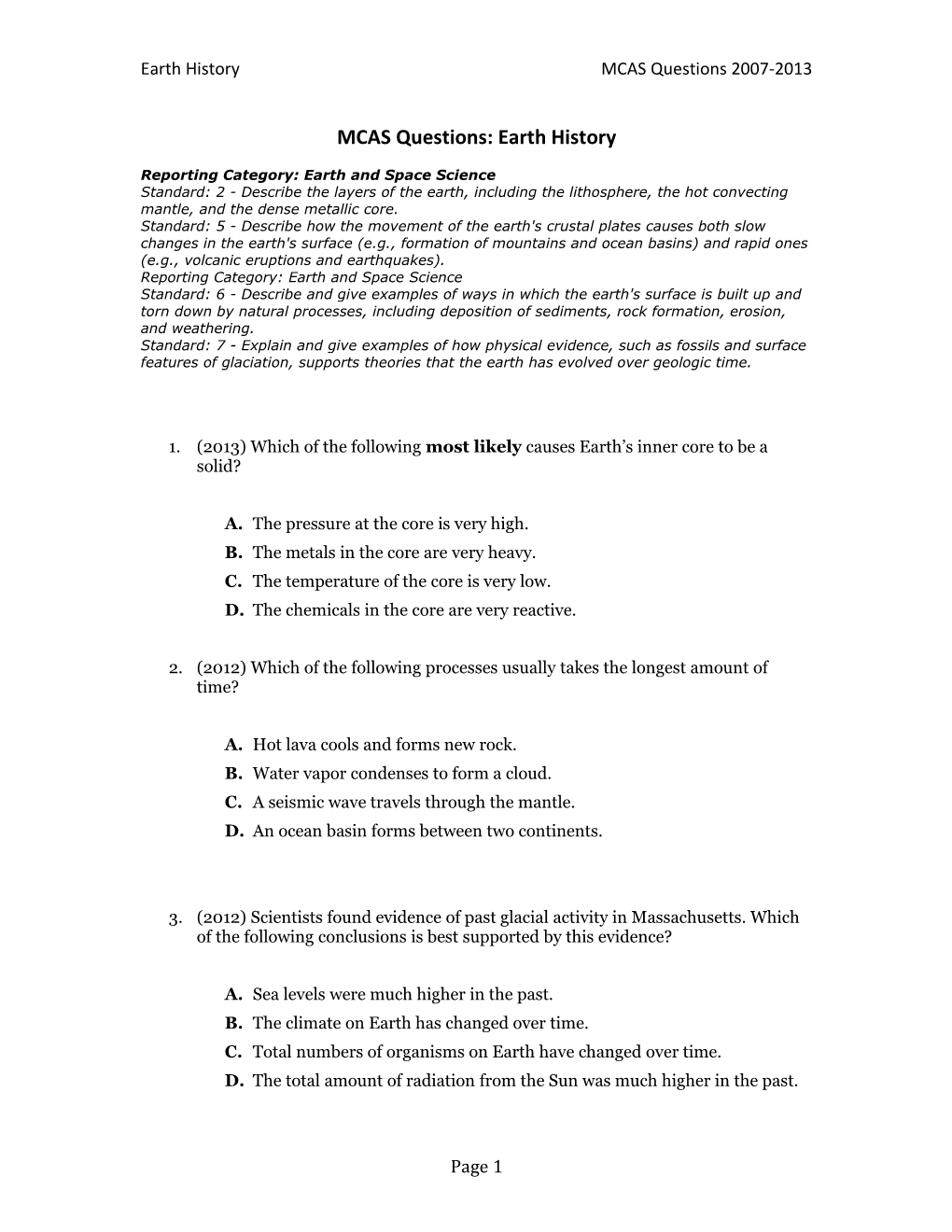 MCAS Questions: Earth History