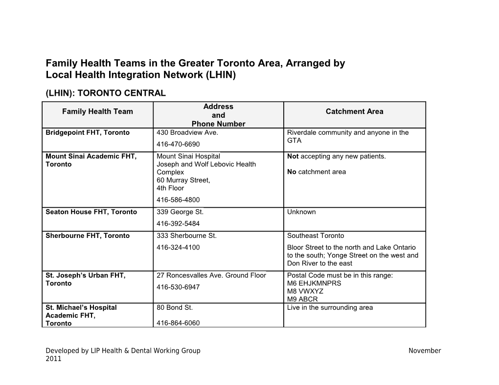 Family Health Teams in the Greater Toronto Area, Arranged by Local Health Integration Network