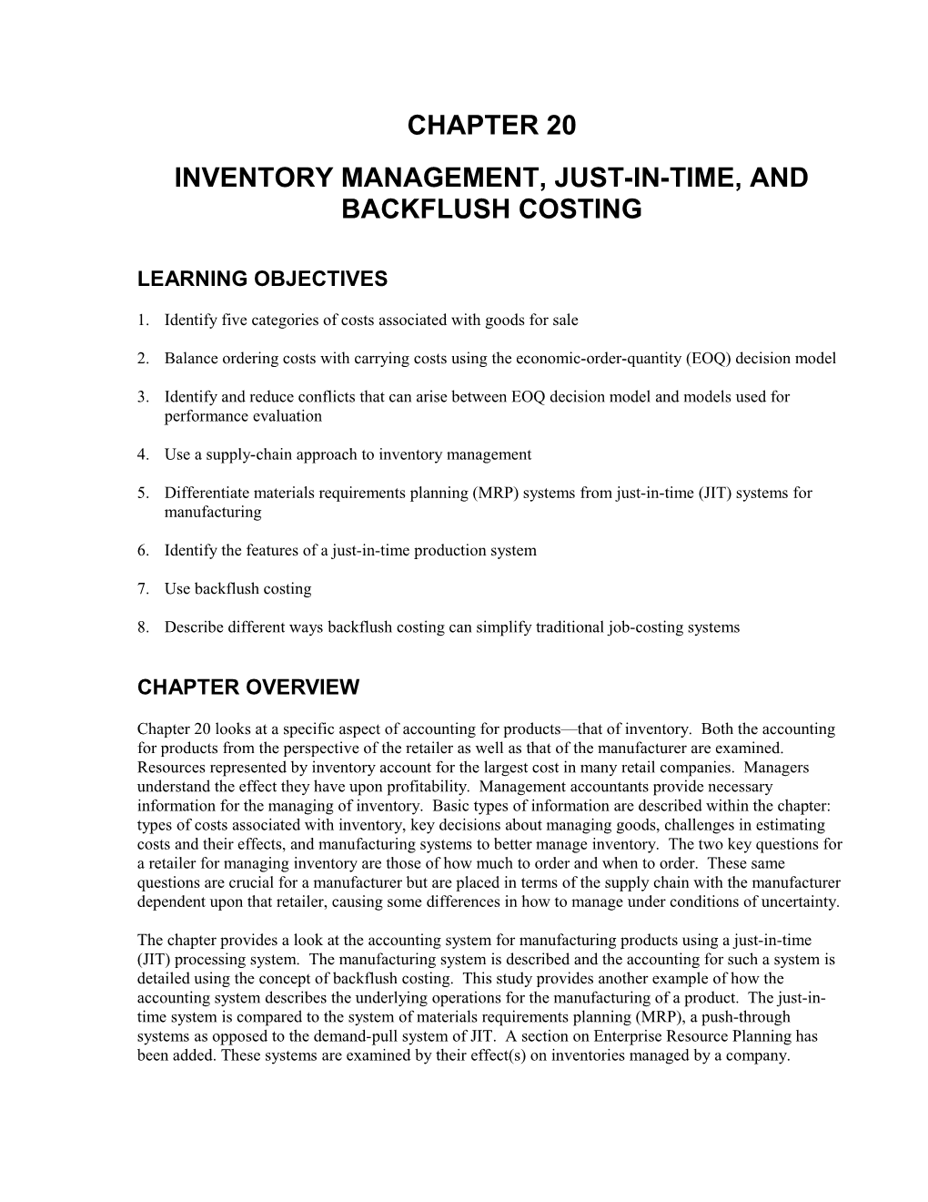 Inventory Management, Just-In-Time, and Backflush Costing