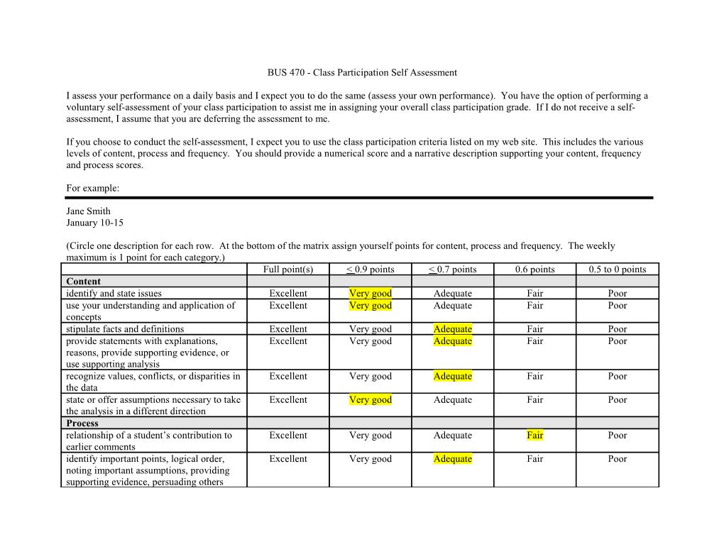 BUS 470 - Class Participation Self Assessment
