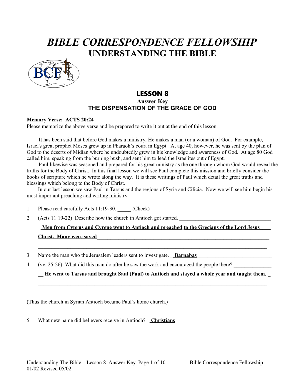 Understanding the Bible 8 Answer Key