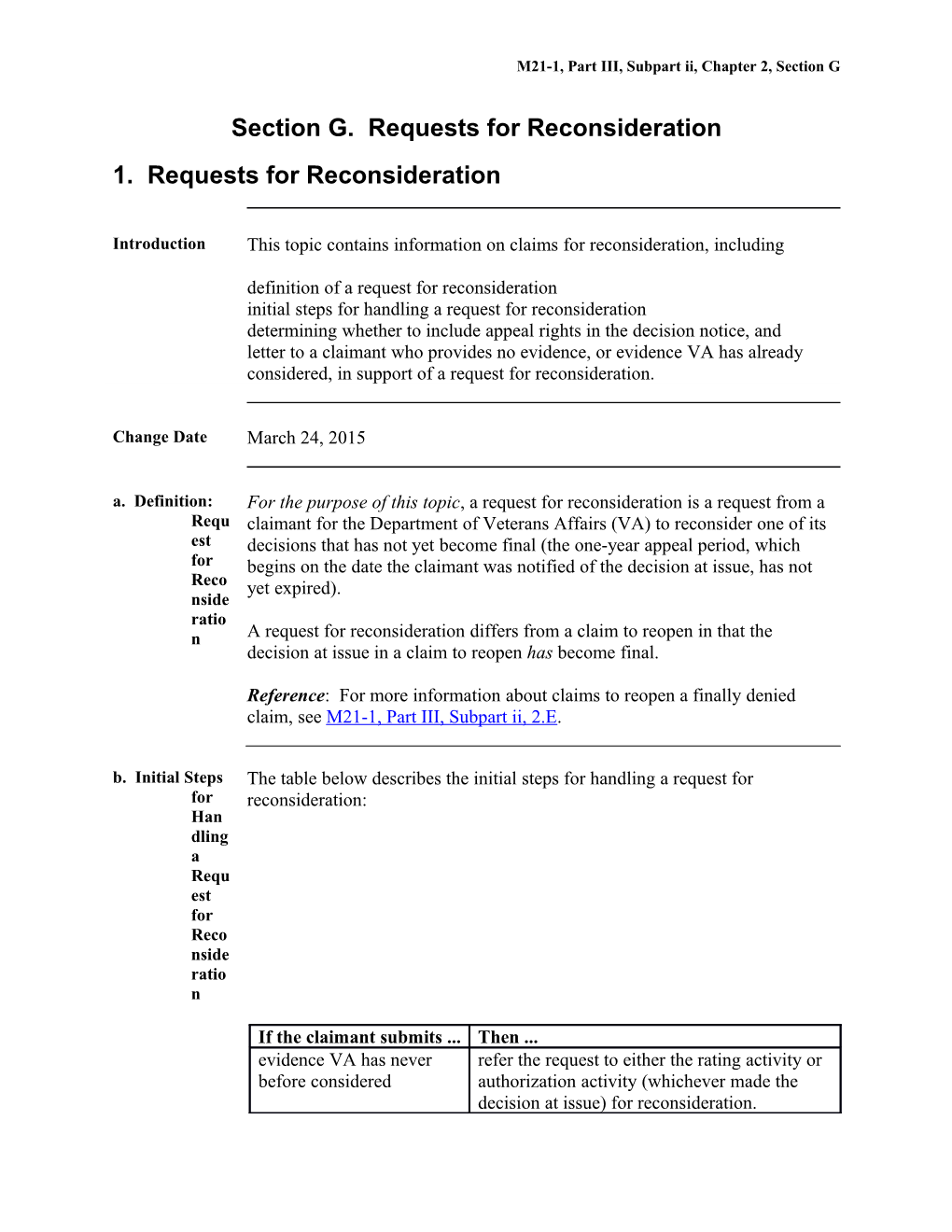 Claims for Reconsideration (U.S. Department of Veterans Affairs)