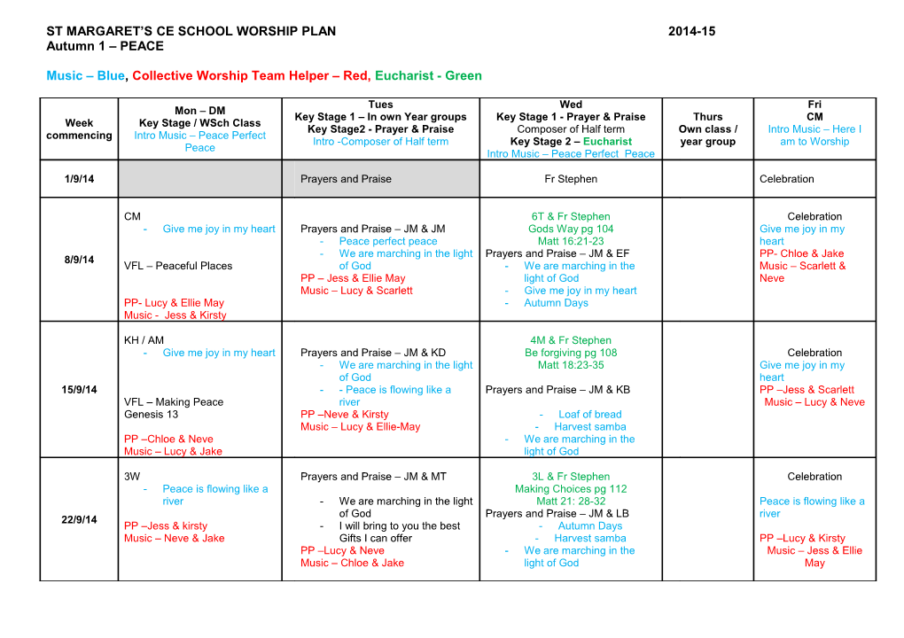 CUERDEN CHURCH SCHOOL WORSHIP PLAN YEAR B 2012 to 2013