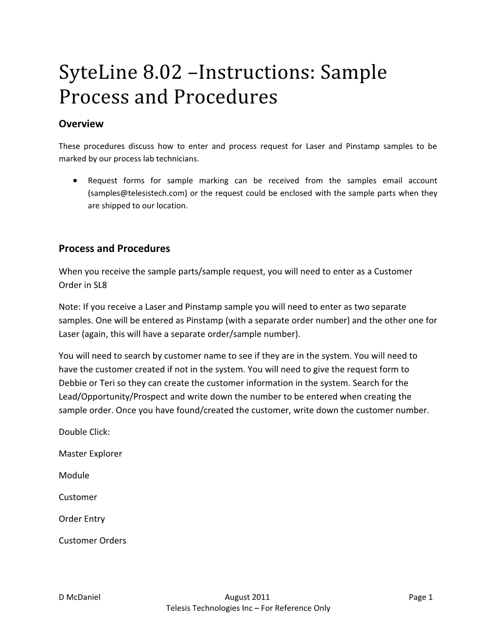 Syteline 8.02 Instructions: Sample Process and Procedures