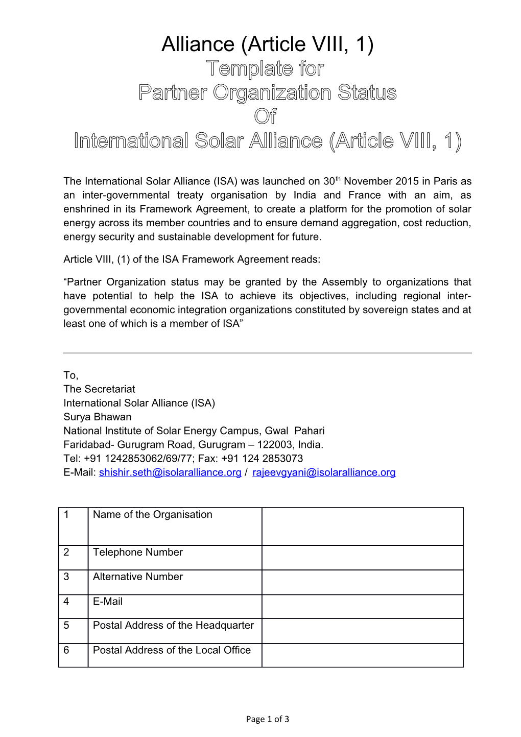 International Solar Alliance (Article VIII, 1)