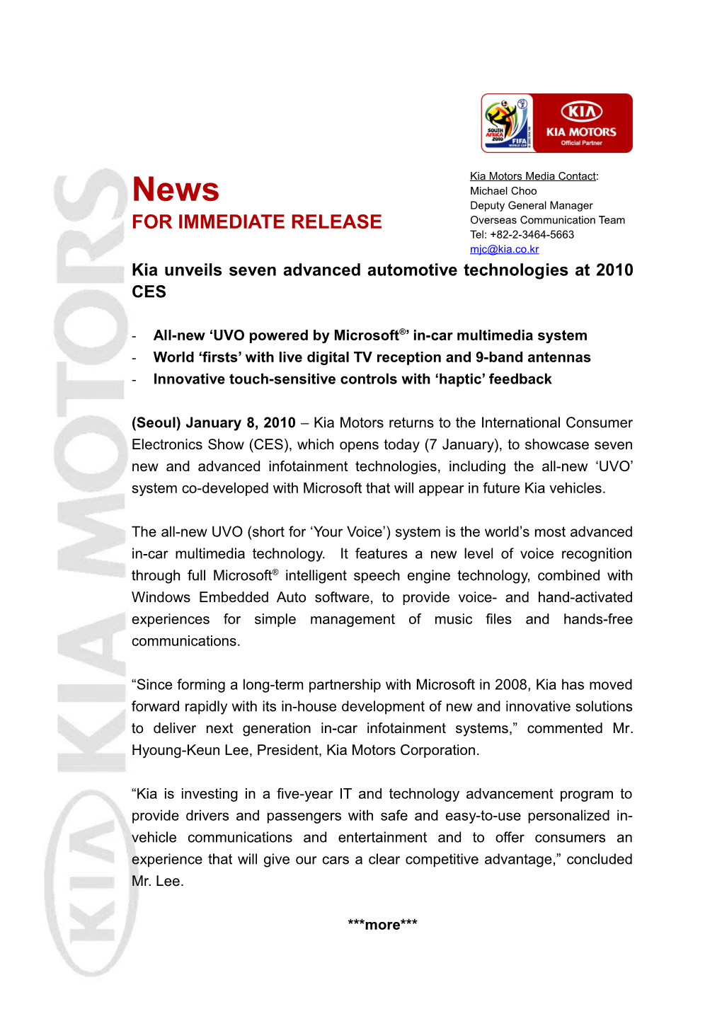 Kia Unveilsseven Advanced Automotivetechnologiesat 2010 CES