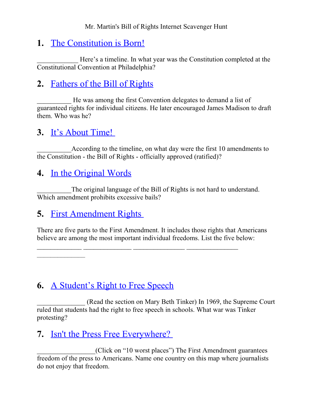 Mr. Martin's Bill of Rights Internet Scavenger Hunt