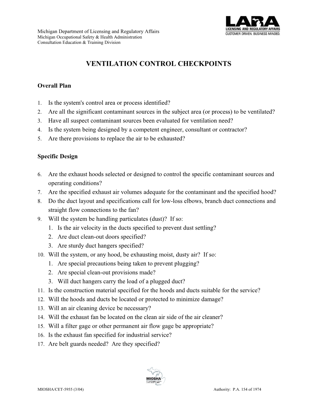 Ventilation Control Checkpoints