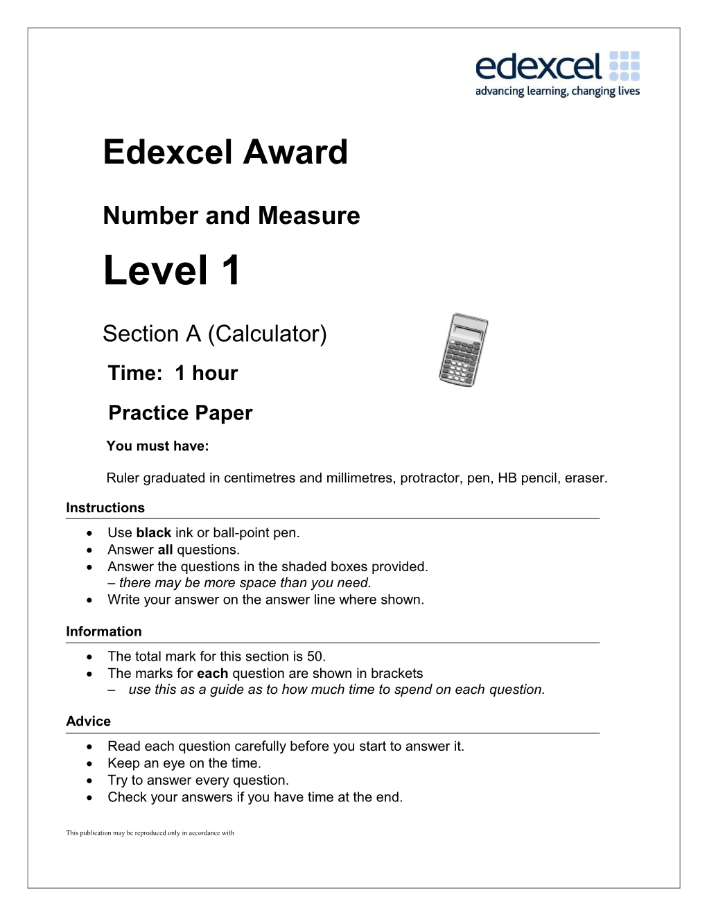 Level 1 Number and Measure Practice Paper
