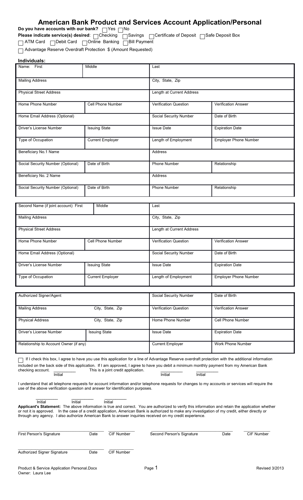 Deposit Account Application