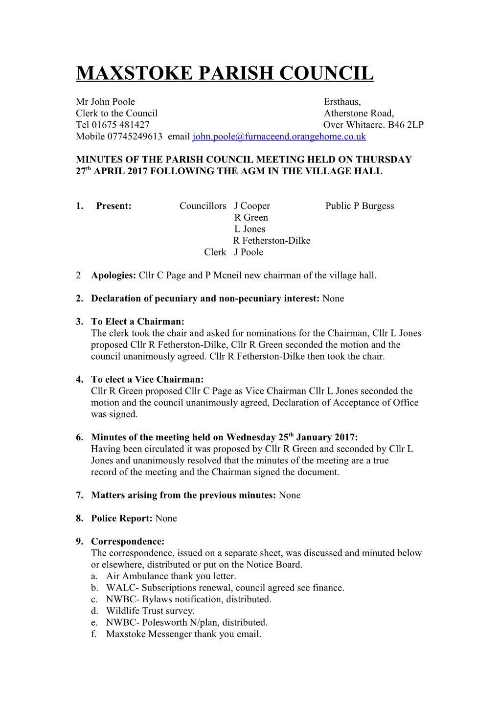 Minutes of the Parish Council Meeting Held on Wednesday 28Th April 1999 in the Village Hall