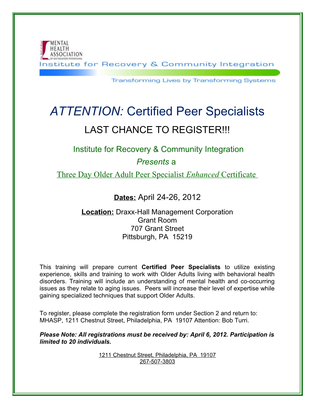 ATTENTION: Certified Peer Specialists