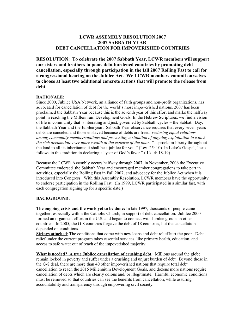 Proposed Scwr Assembly Resolution 2007