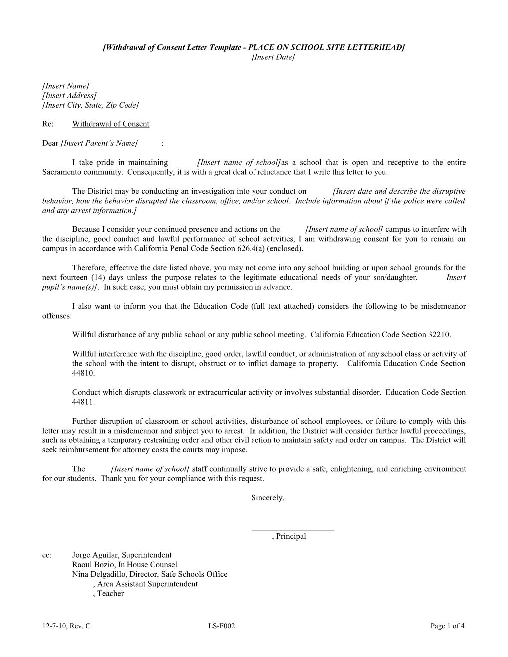 Withdrawal of Consent Letter Template - PLACE on SCHOOL SITE LETTERHEAD