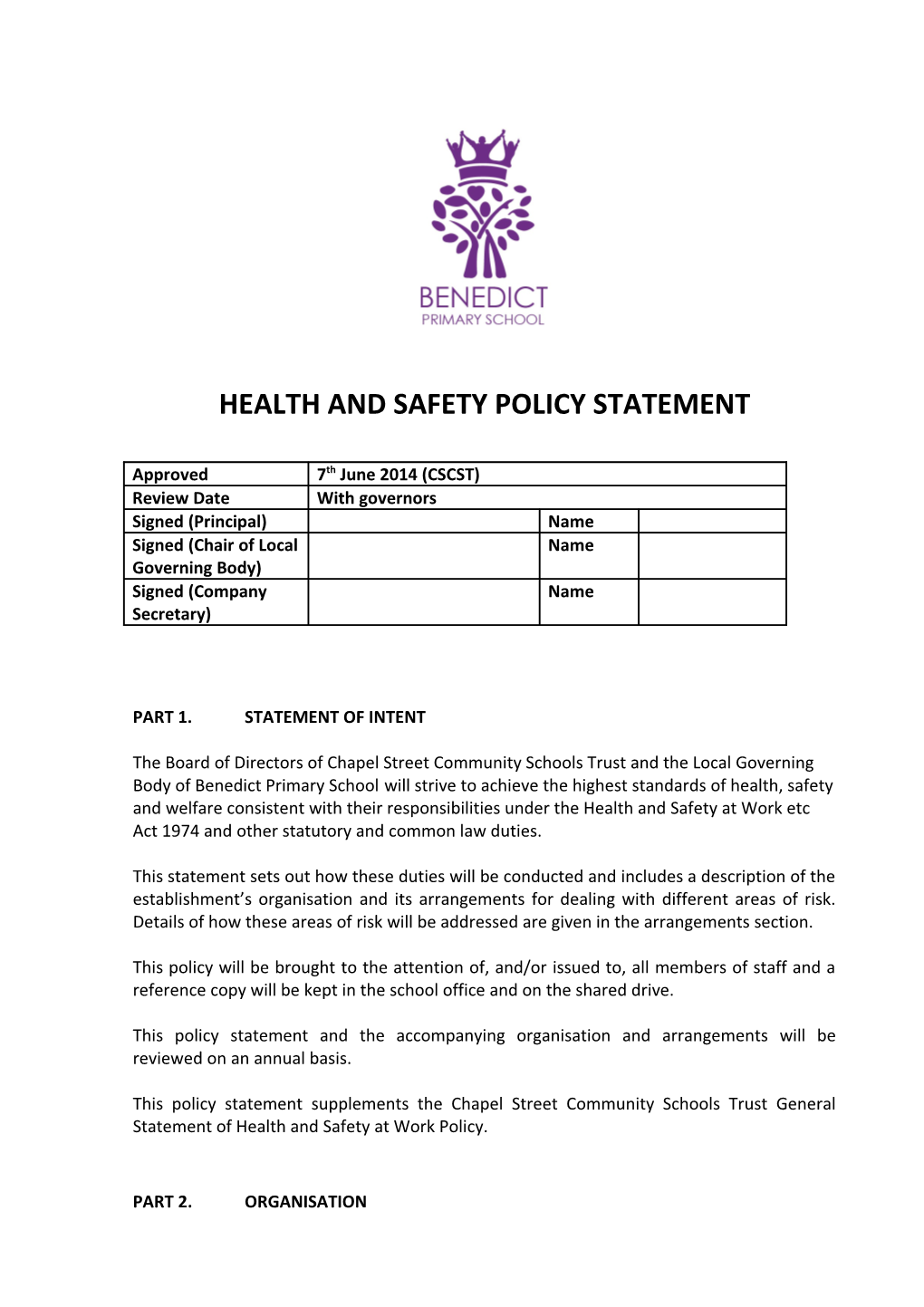 MODEL HEALTH and SAFETY STATEMENT for Schools