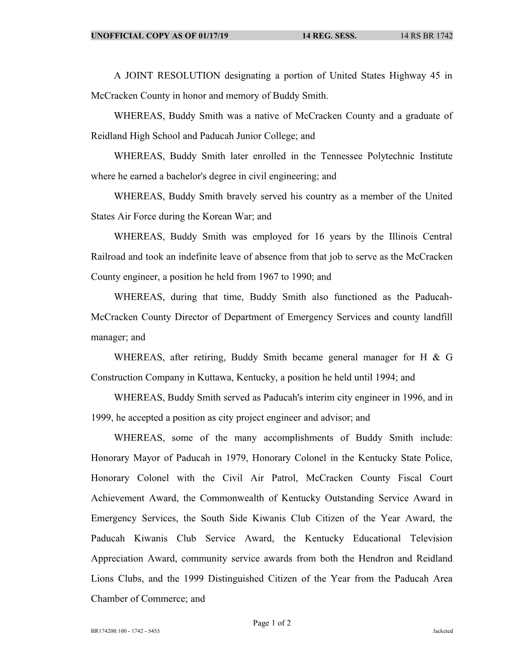 A JOINT RESOLUTION Designating a Portion of United States Highway 45 in Mccracken County