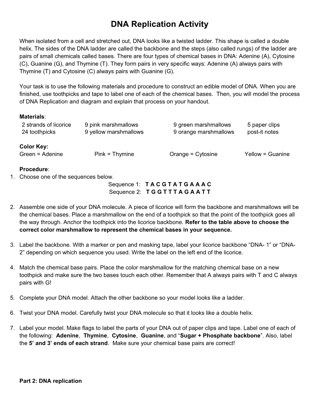 DNA Replication Activity Handout