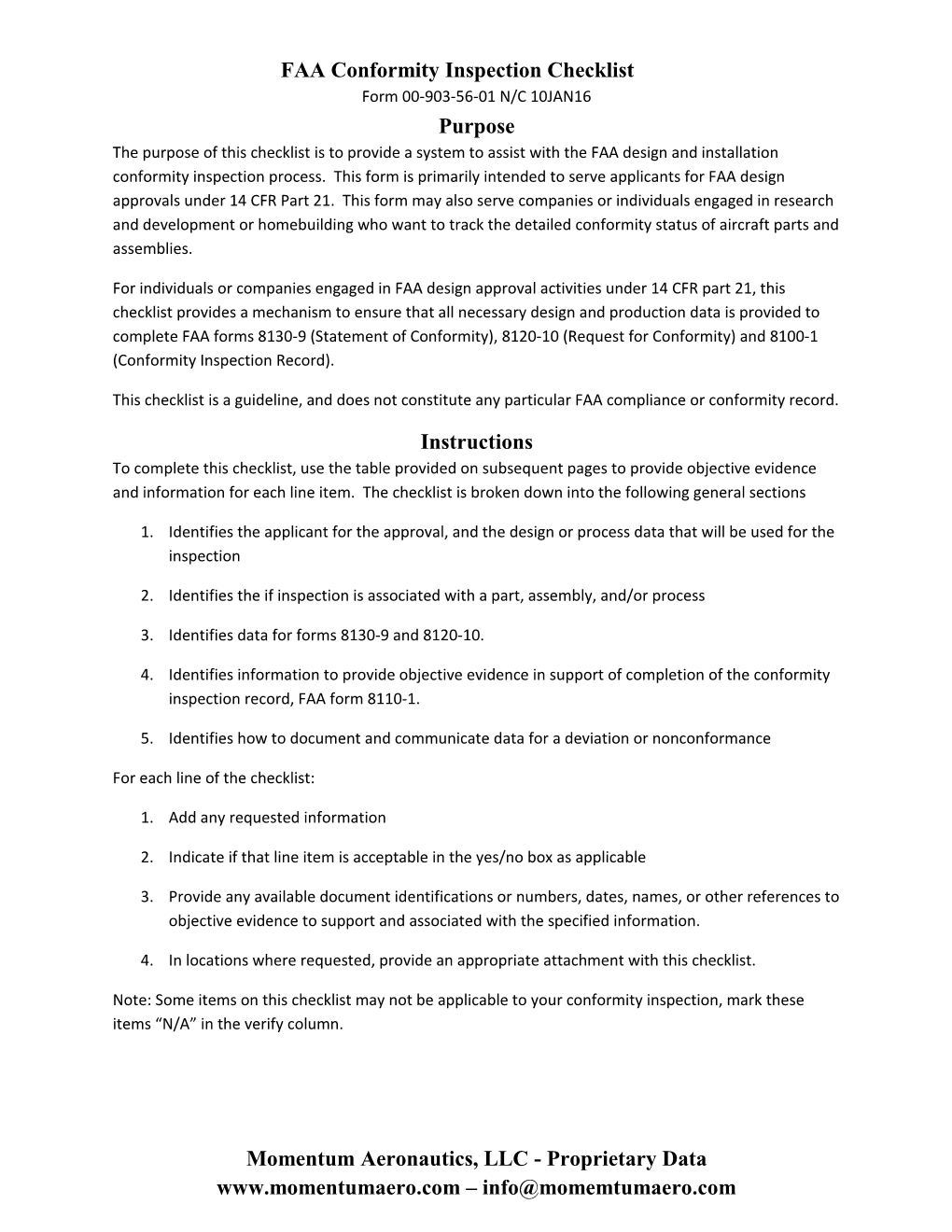 FAA Conformity Inspection Checklist