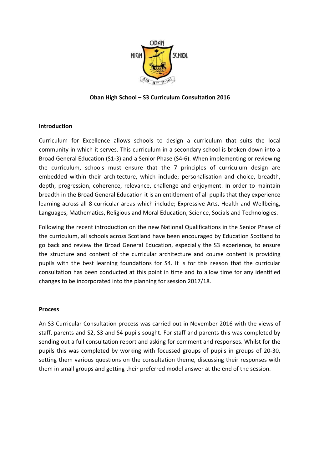 Oban High School S3 Curriculum Consultation 2016