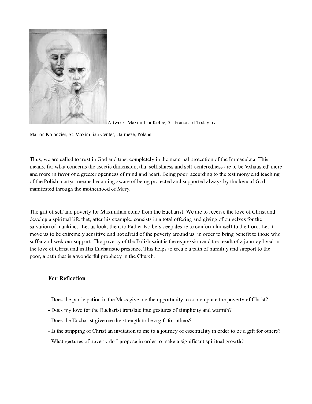 The Eucharist, Central to Kolbe S Life of Poverty