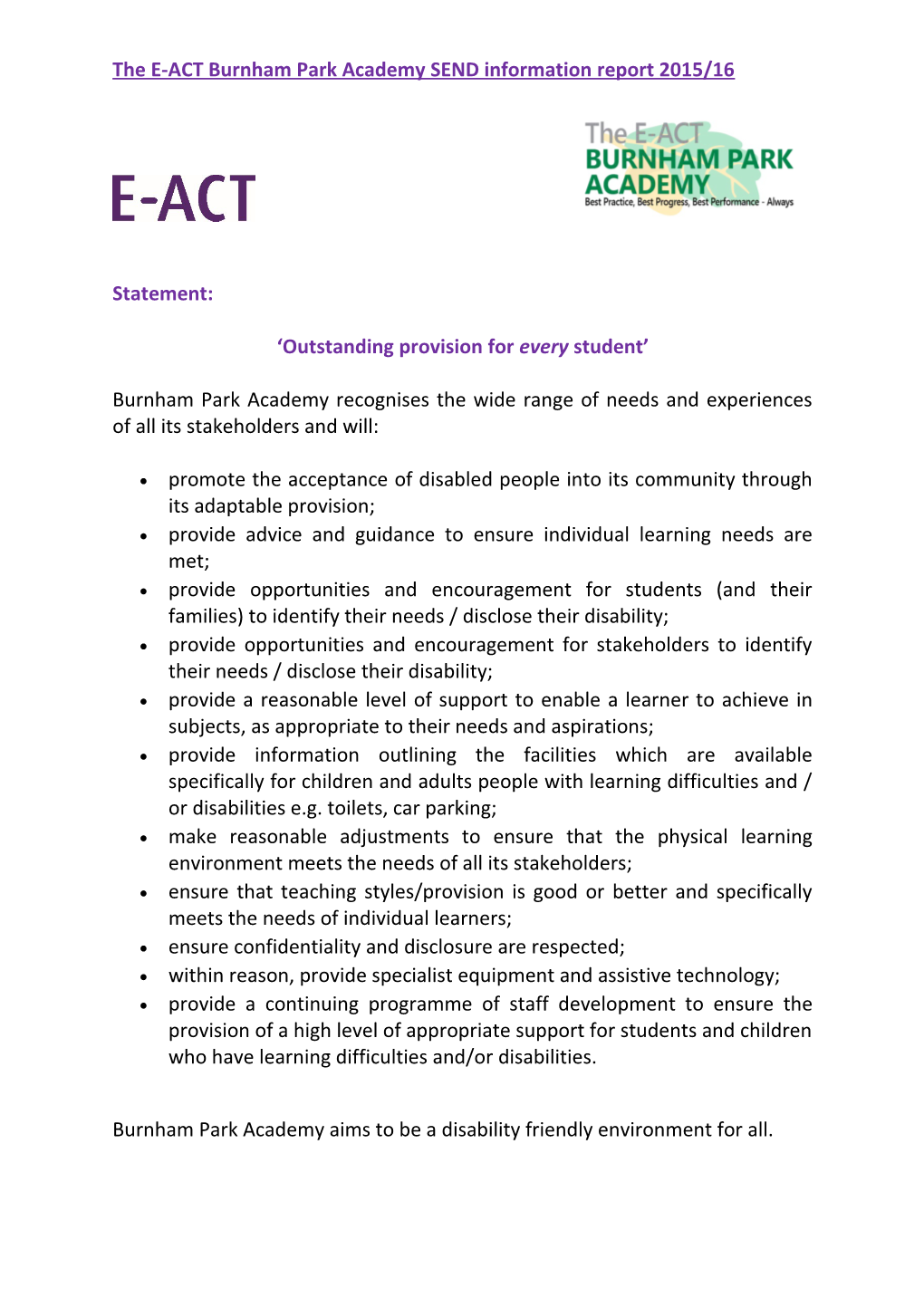 The E-Actburnhamparkacademy SEND Information Report 2015/16
