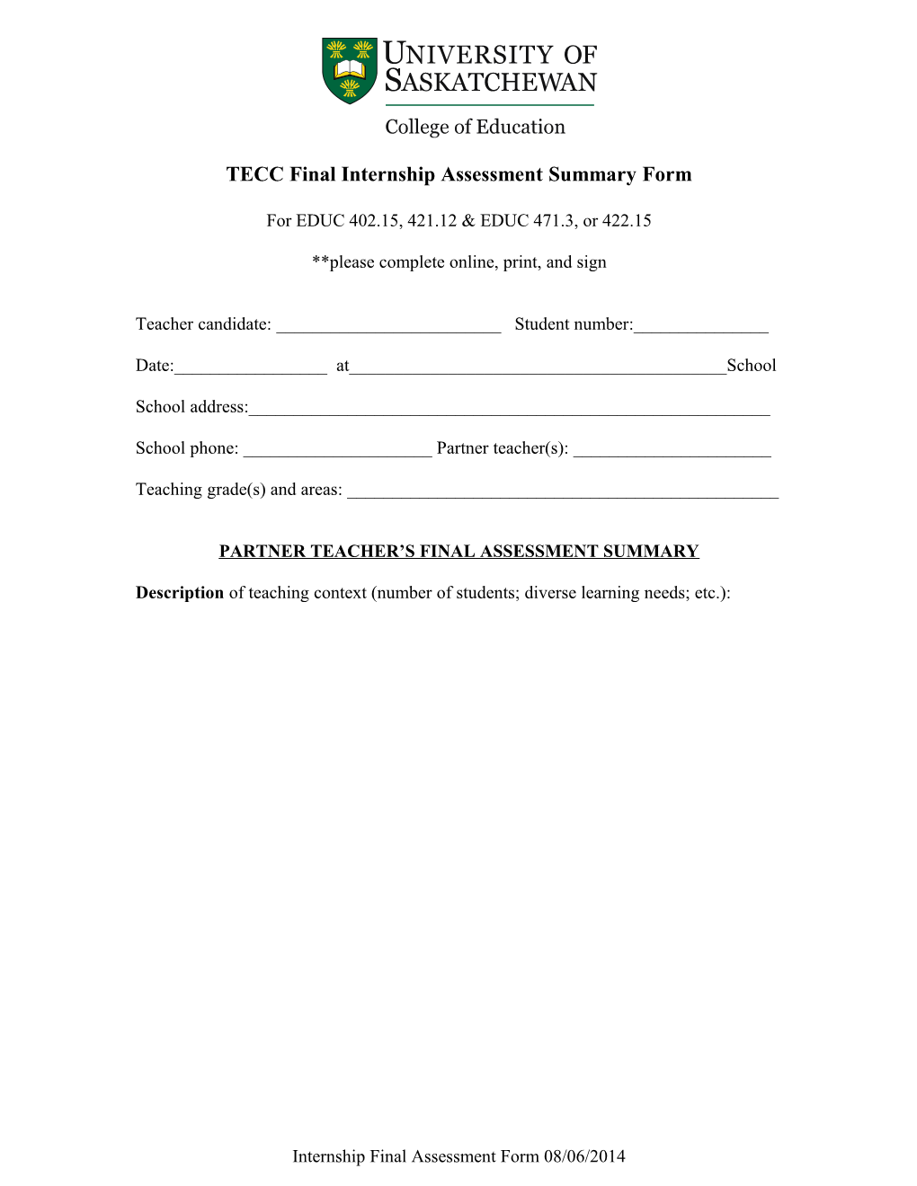 Teccfinalinternship Assessment Summary Form