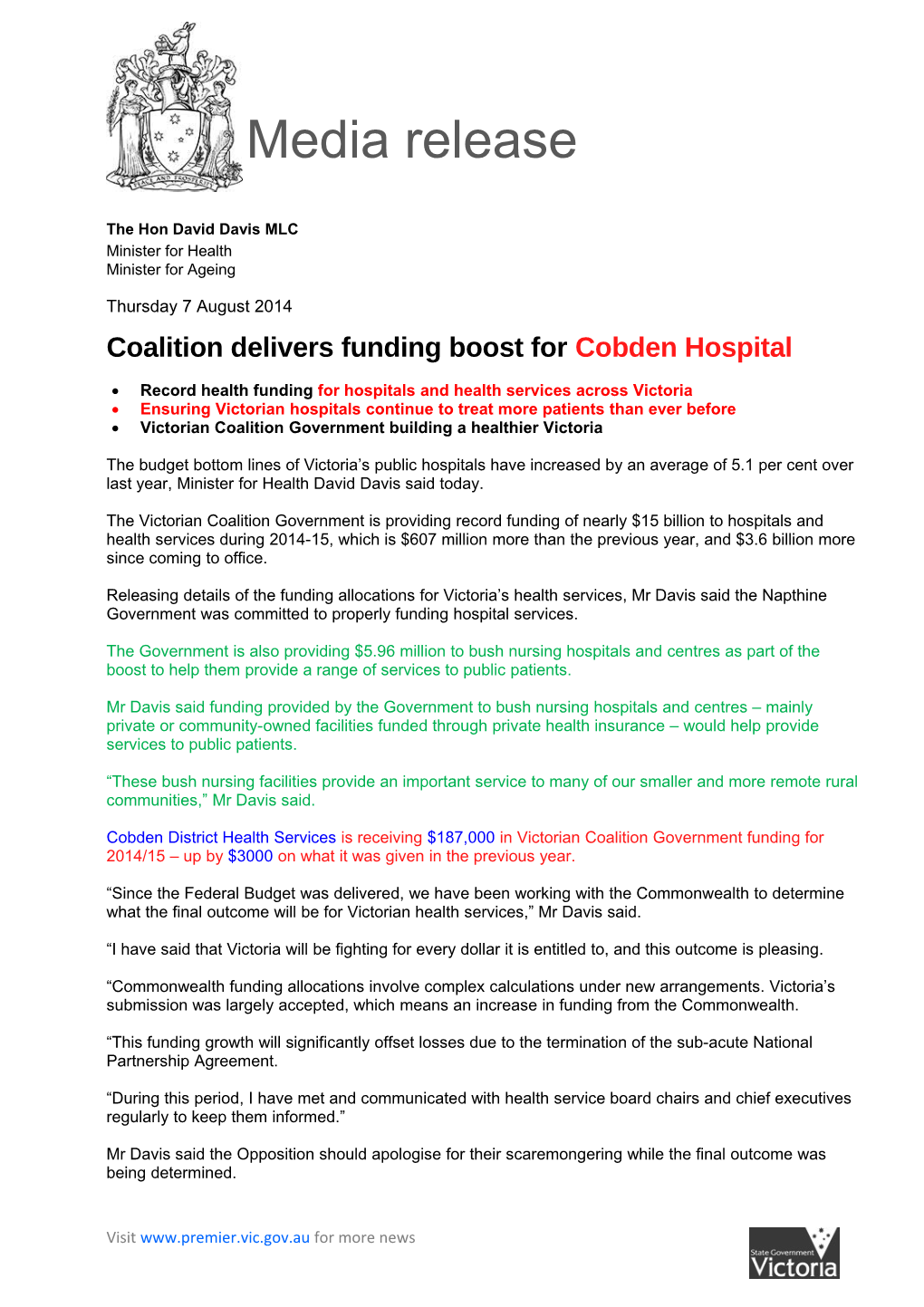 Coalition Delivers Funding Boost for Cobden Hospital