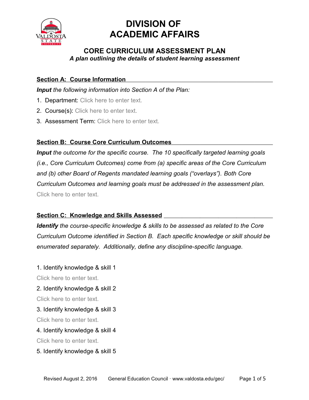 Core Curriculum Assessment Plan