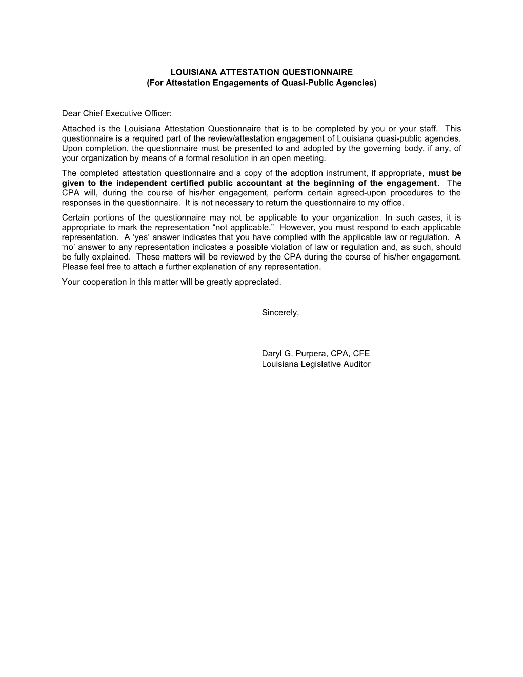 LOUISIANA ATTESTATION QUESTIONNAIRE (For Attestation Engagements of Quasi-Public Agencies)