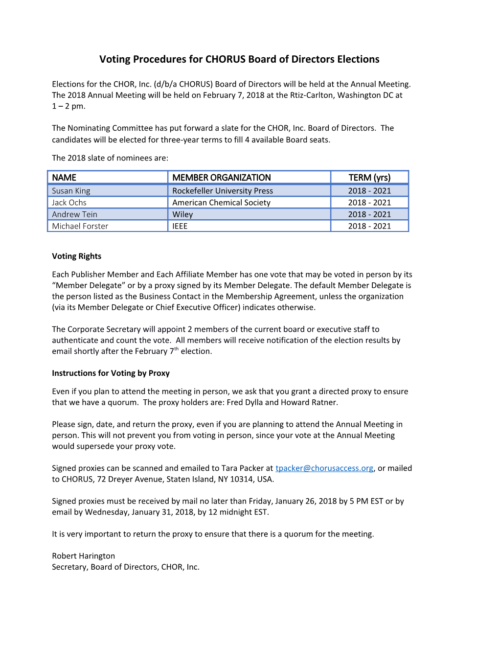 Voting Procedures for CHORUS Board of Directors Elections