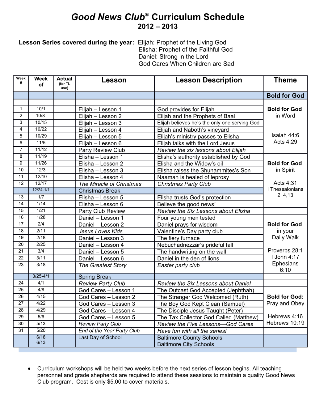 Good News Club Curriculum Schedule