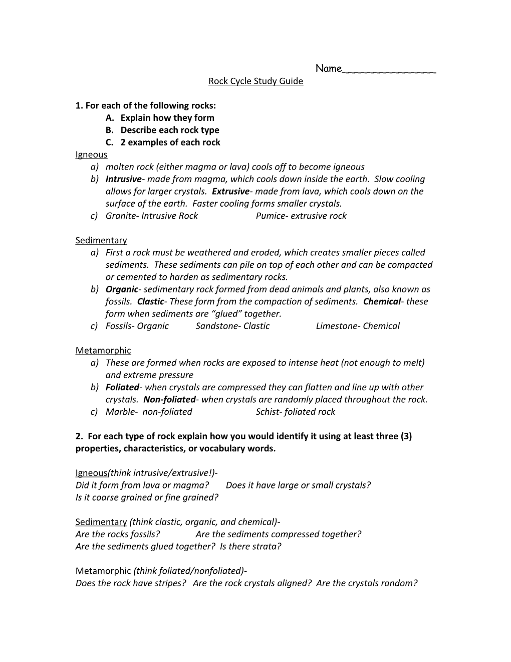 Rock Cycle Study Guide