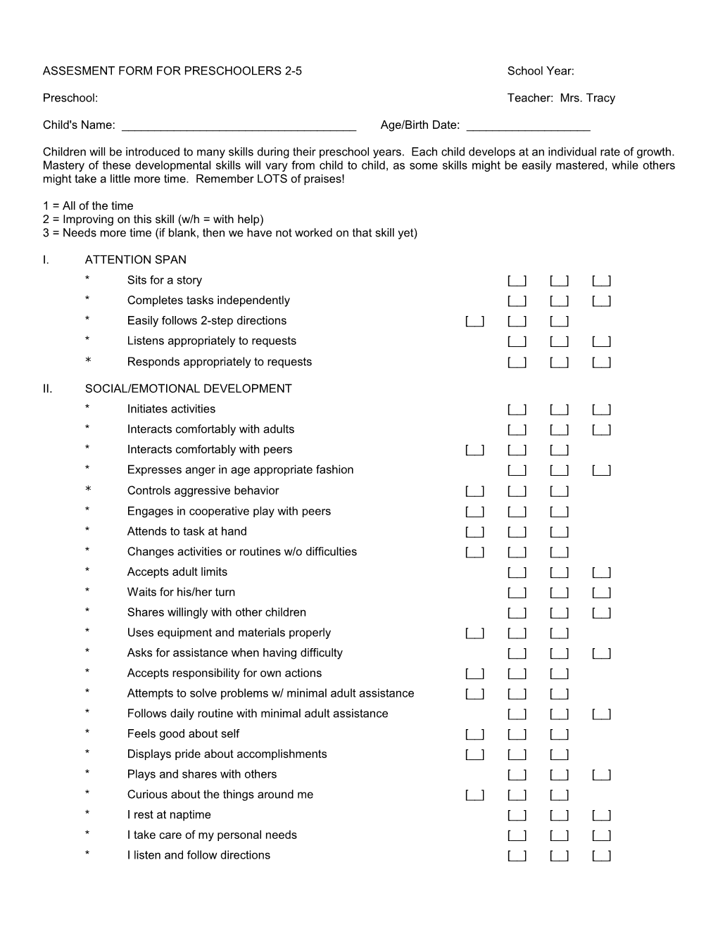 Assesment Form for Preschoolers 2-5