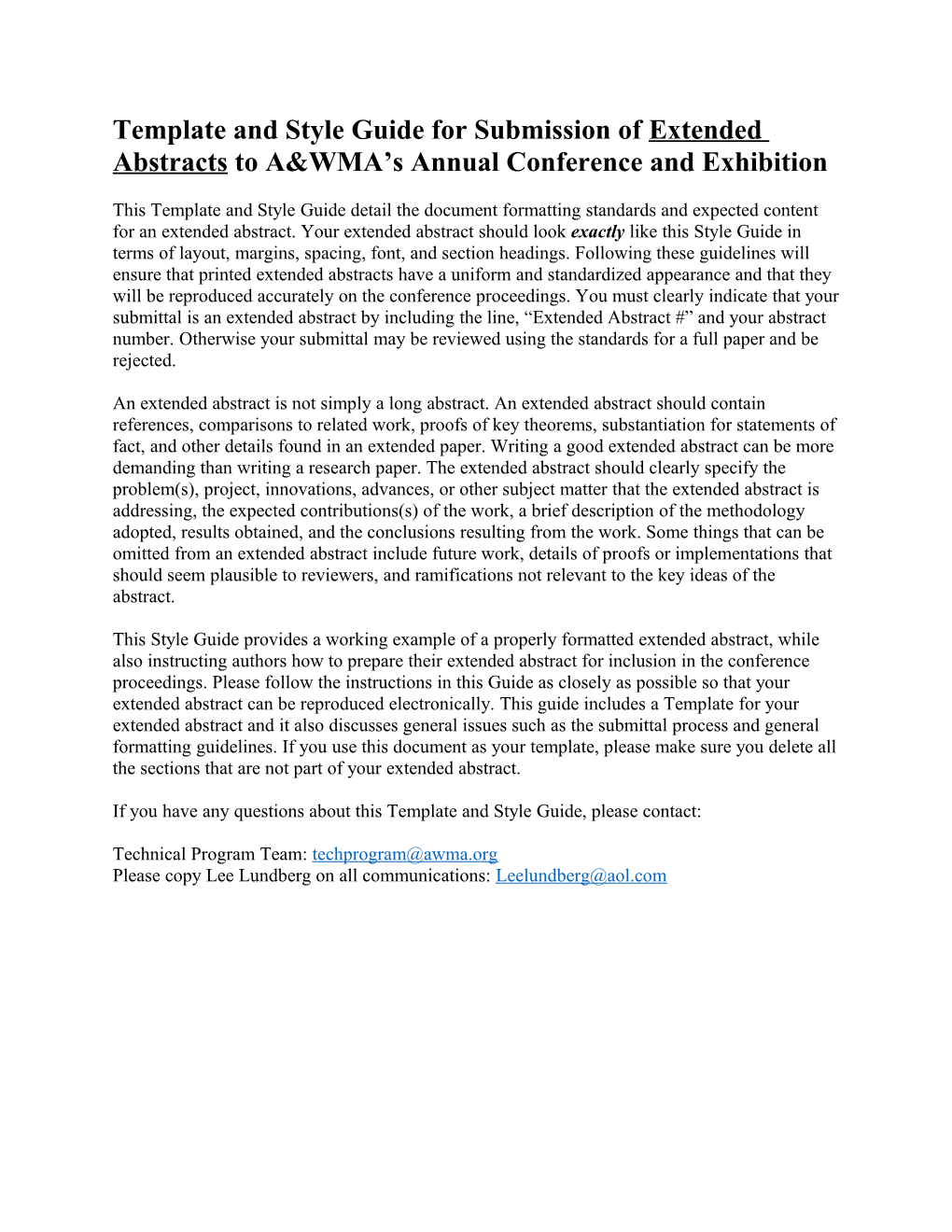 Template and Style Guide for Submission of Extended Abstracts to A&WMA S Annual Conference