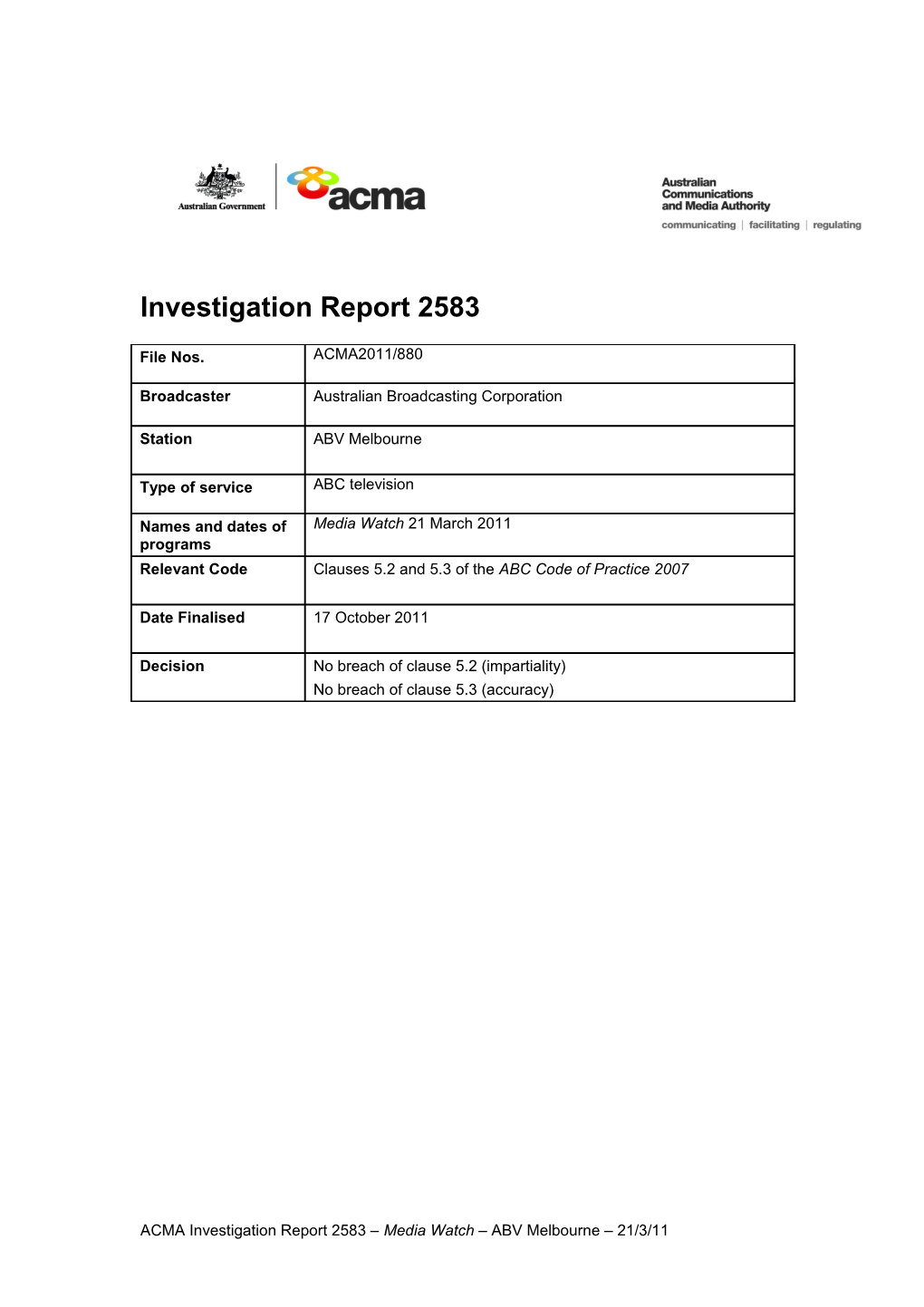 ABC TV - ACMA Investigation Report 2583
