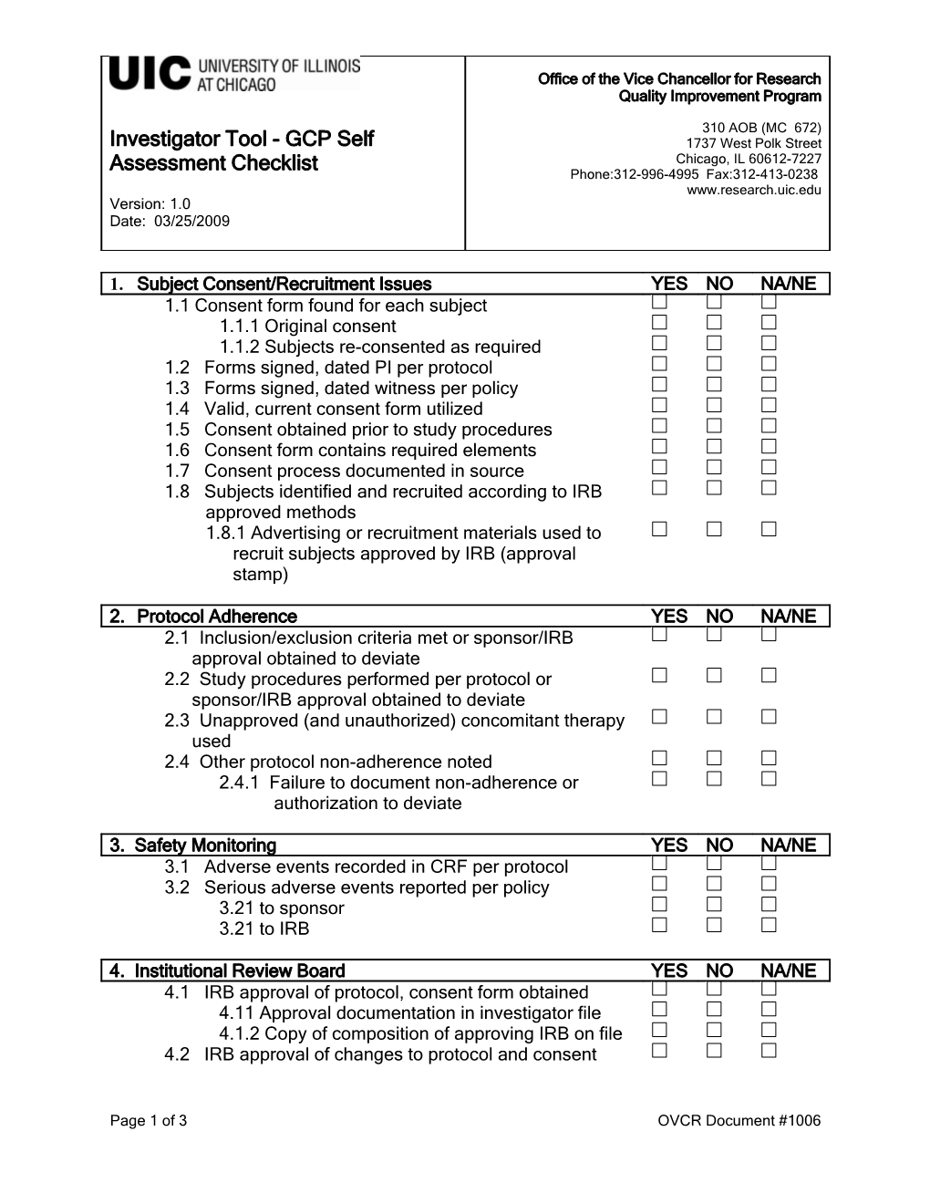 Investigator Tool - GCP Self Assessment Checklist, Version1.0