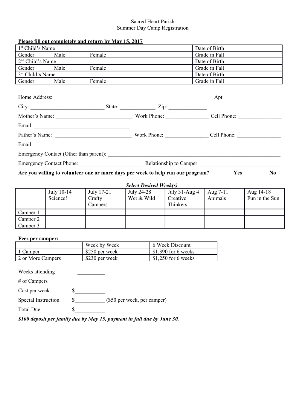 Please Fill out Completely and Return by May 15, 2017